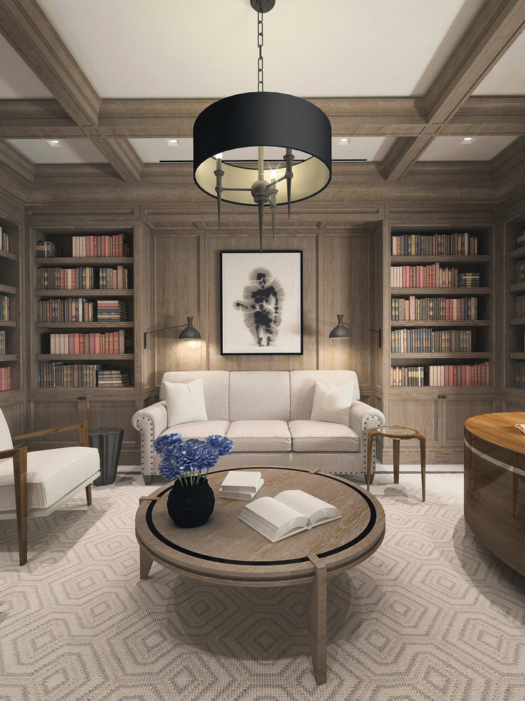 Home office library - large transitional freestanding desk home office library idea in New York with a stone fireplace
