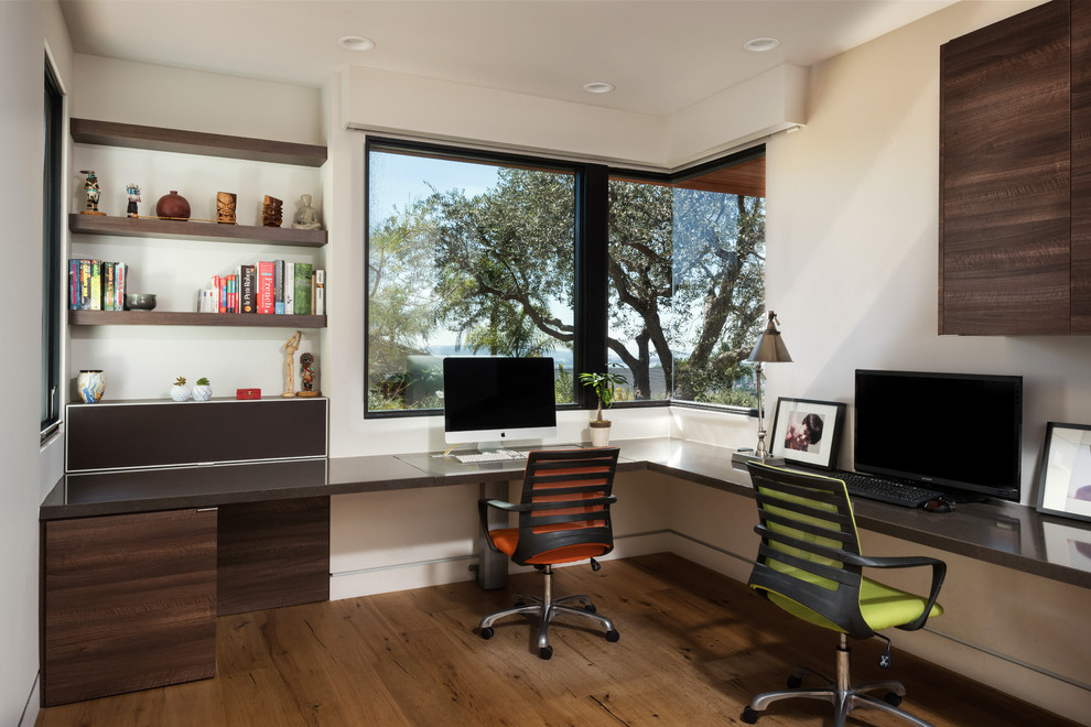 Foto de despacho contemporáneo de tamaño medio sin chimenea con paredes blancas, suelo de madera en tonos medios, escritorio empotrado y suelo marrón