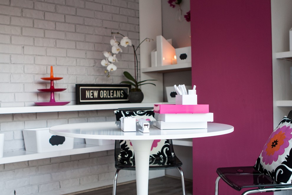 Study room - mid-sized modern freestanding desk light wood floor and gray floor study room idea in New Orleans with gray walls and no fireplace