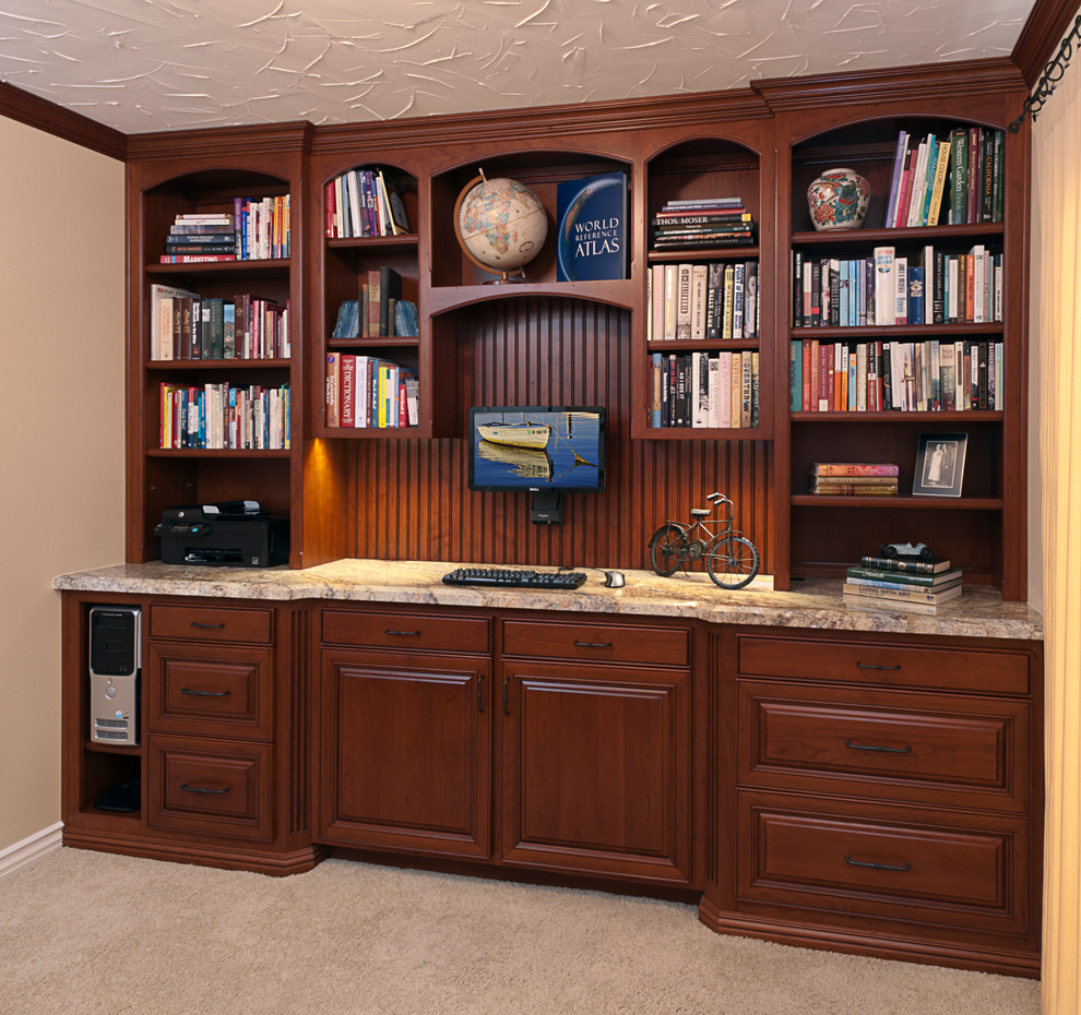 Design ideas for a medium sized classic study in Orange County with beige walls, carpet and a freestanding desk.