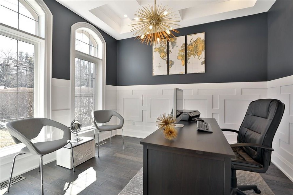 Photo of a medium sized classic study in Toronto with grey walls, dark hardwood flooring and brown floors.