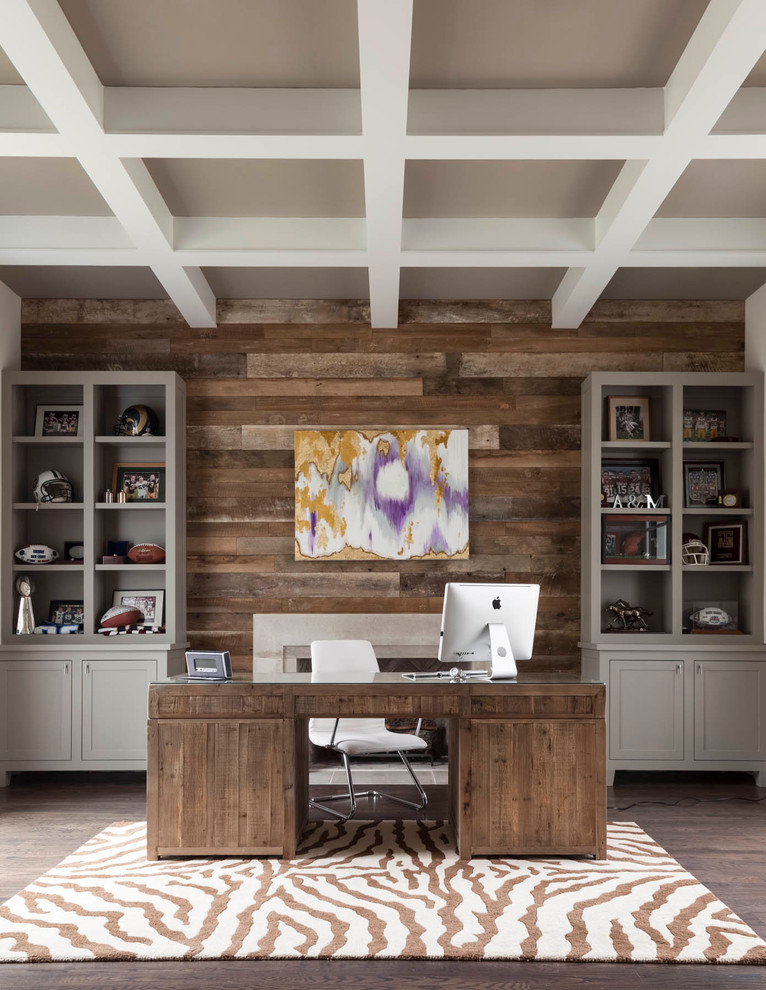 Mid-sized transitional freestanding desk dark wood floor study room photo in Dallas
