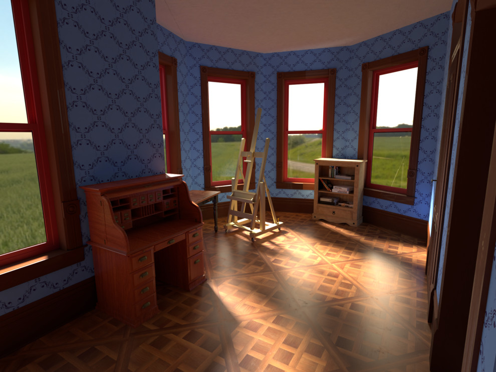 Mittelgroßes Klassisches Arbeitszimmer ohne Kamin mit Studio, blauer Wandfarbe, dunklem Holzboden, freistehendem Schreibtisch und braunem Boden