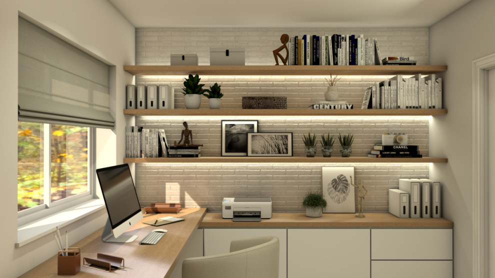 Ispirazione per un piccolo ufficio moderno con pareti bianche e pavimento in legno massello medio