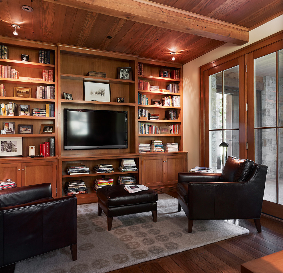 Photo of a classic home office in San Francisco with white walls, dark hardwood flooring and no fireplace.