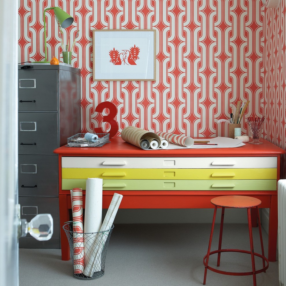 This is an example of a midcentury home office in West Midlands with multi-coloured walls.
