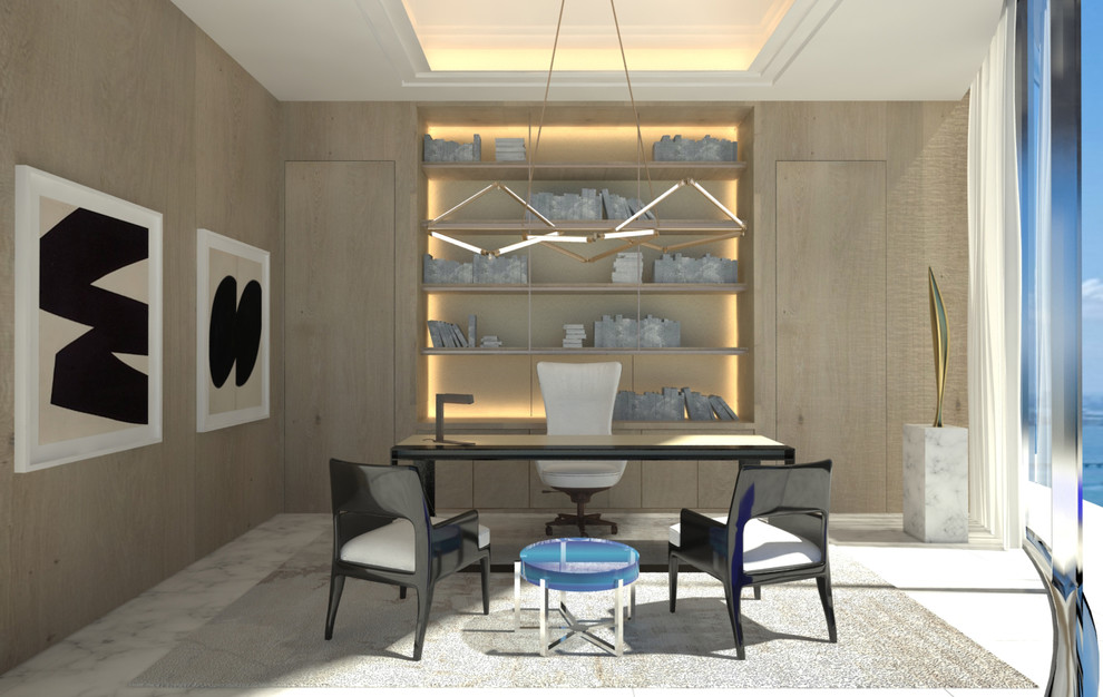 Пример оригинального дизайна: огромный домашняя библиотека в стиле модернизм с серыми стенами, мраморным полом, отдельно стоящим рабочим столом и белым полом без камина