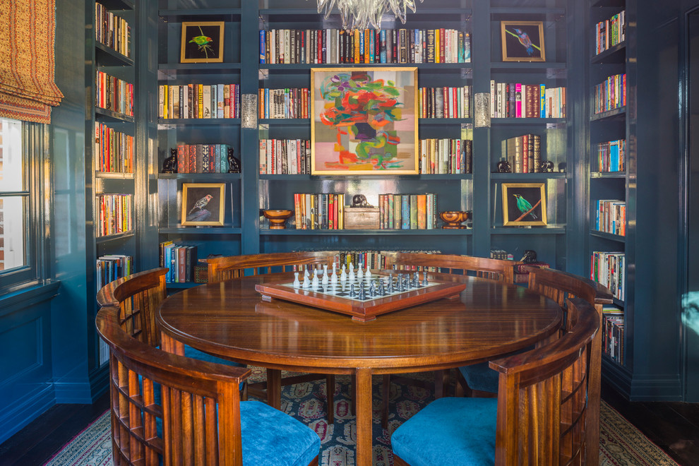 Inspiration for a large timeless dark wood floor study room remodel in Jacksonville with blue walls