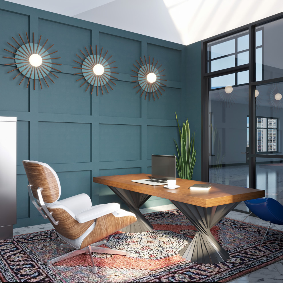 Inspiration pour un bureau design de taille moyenne avec un mur bleu, un sol en marbre, un bureau indépendant et un sol blanc.