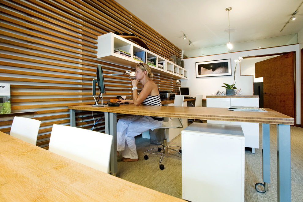 Cette image montre un bureau minimaliste avec un bureau indépendant.