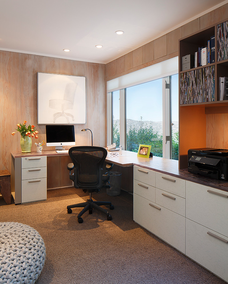 Inspiration for a large contemporary freestanding desk carpeted home office remodel in San Francisco with no fireplace