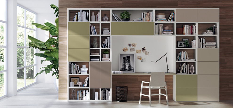 Kleines Modernes Arbeitszimmer mit Betonboden und Einbau-Schreibtisch in Melbourne