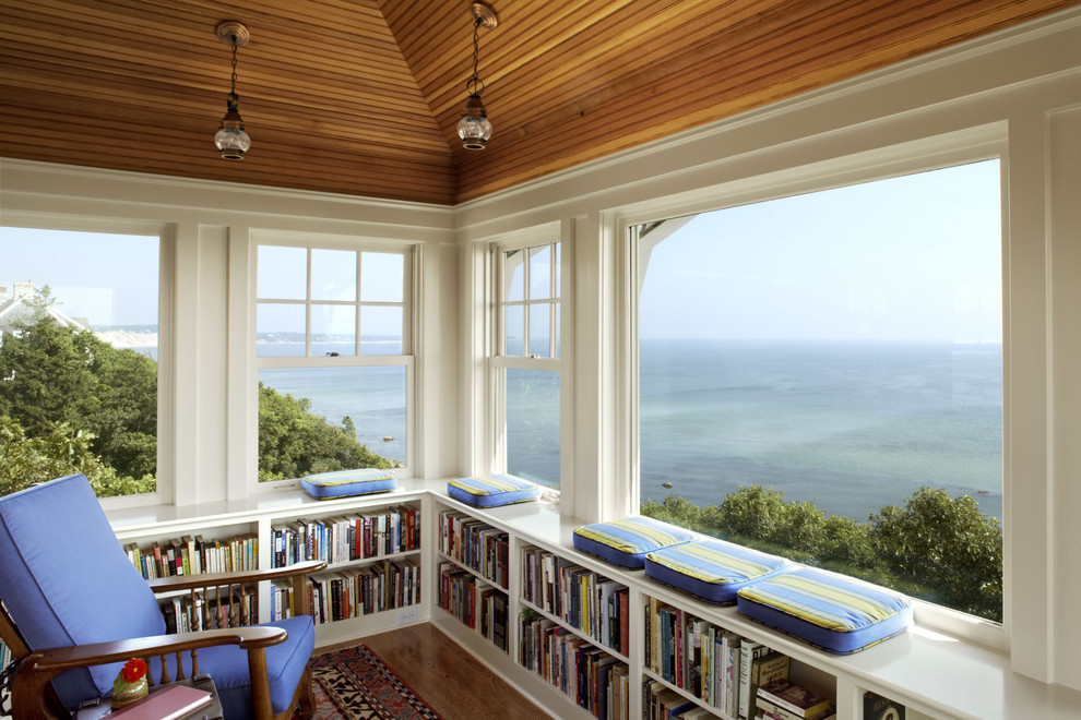 Example of a classic dark wood floor home office design in Boston