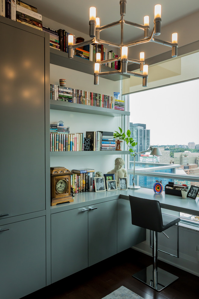 Idee per un ufficio design di medie dimensioni con scrivania incassata, pareti bianche e parquet scuro