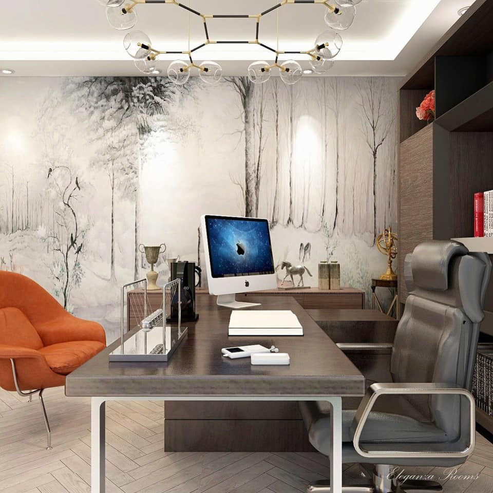 Diseño de despacho minimalista con suelo de madera clara y suelo gris