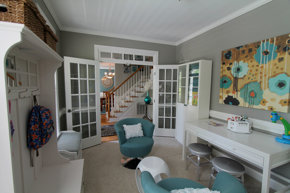Photo of a medium sized contemporary craft room in Raleigh with grey walls, carpet, no fireplace, a freestanding desk, beige floors and a dado rail.