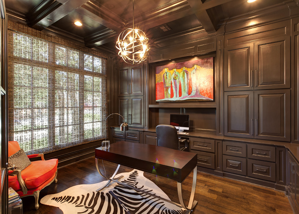 Home office - traditional freestanding desk dark wood floor home office idea in Dallas