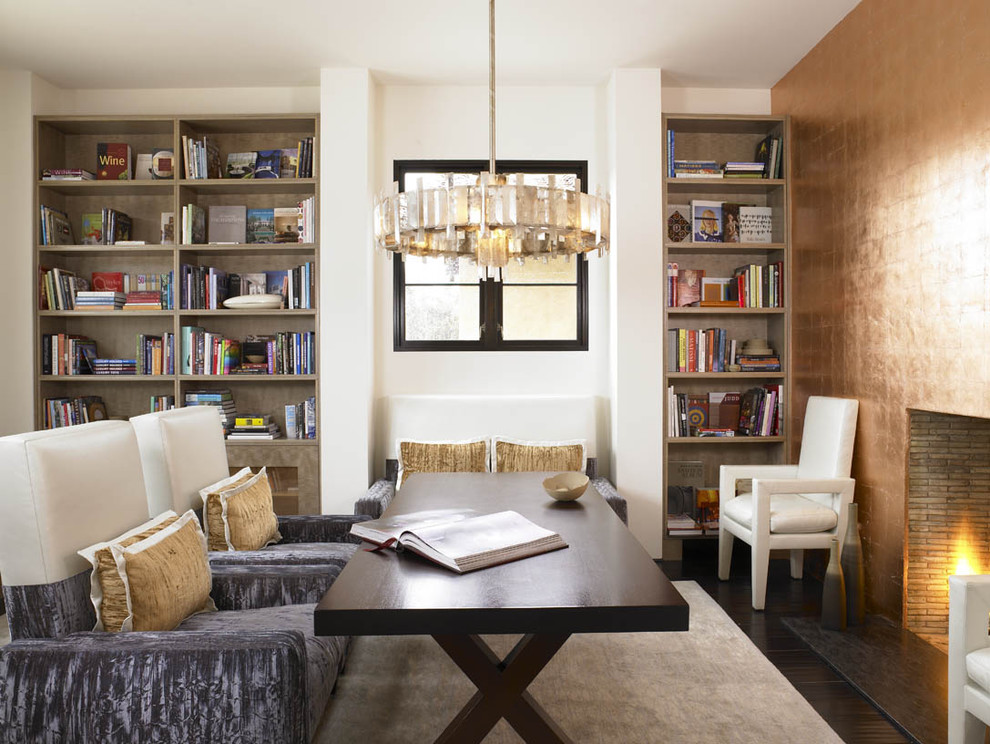 Inspiration for a contemporary freestanding desk dark wood floor home office remodel in San Diego with beige walls