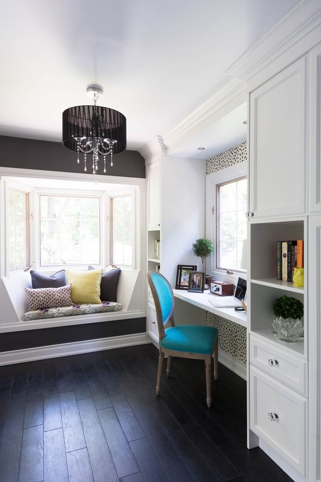 Small contemporary home office in Toronto with grey walls, dark hardwood flooring and a built-in desk.