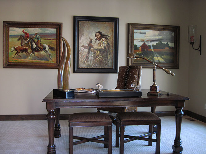 Photo of a medium sized rustic study in Wichita with beige walls, carpet and a freestanding desk.
