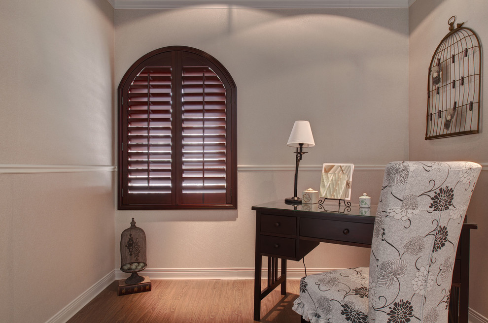 Stained Wood Arched Plantation Shutters Contemporary Home Office