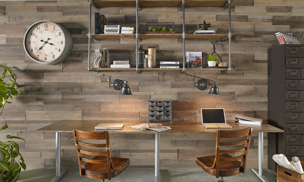 Идея дизайна: рабочее место среднего размера в современном стиле с коричневыми стенами, бетонным полом, отдельно стоящим рабочим столом и серым полом без камина