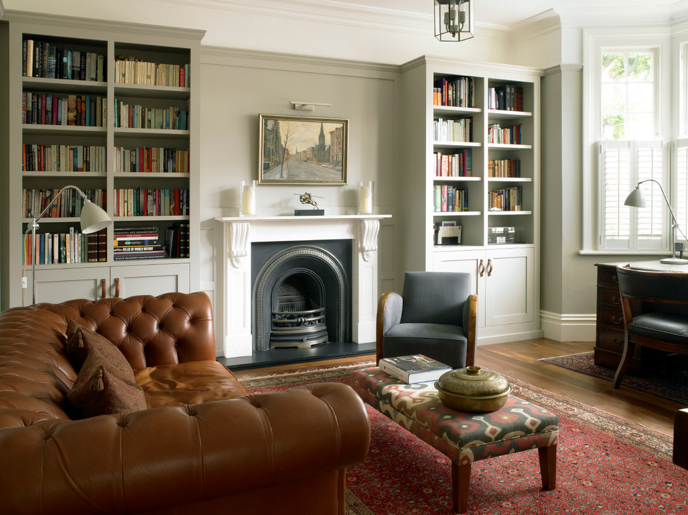Inspiration for a classic home office in London with grey walls.