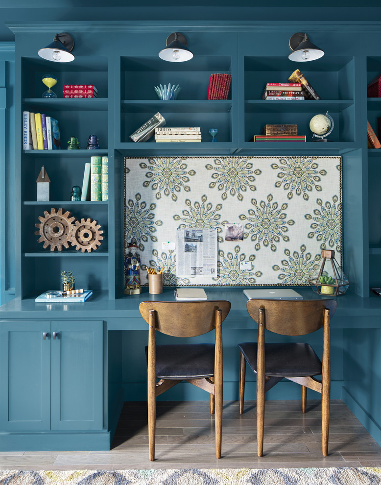 Foto di un ufficio classico con pareti blu, parquet chiaro e scrivania incassata