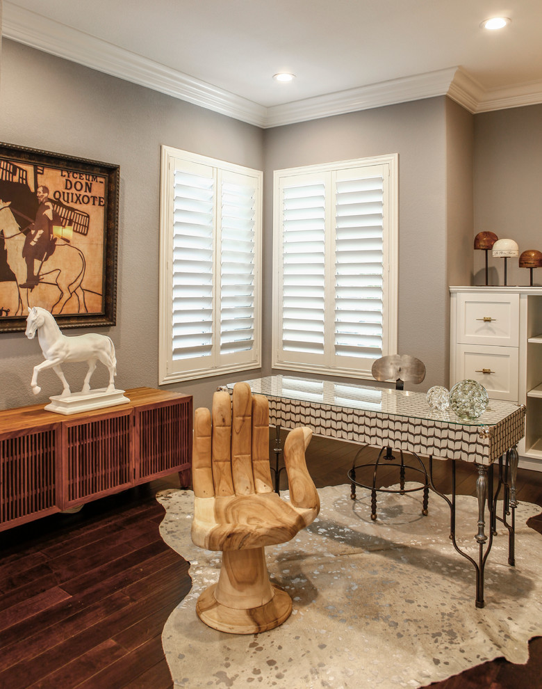 Inspiration for a classic home office in Las Vegas with grey walls, dark hardwood flooring and a freestanding desk.