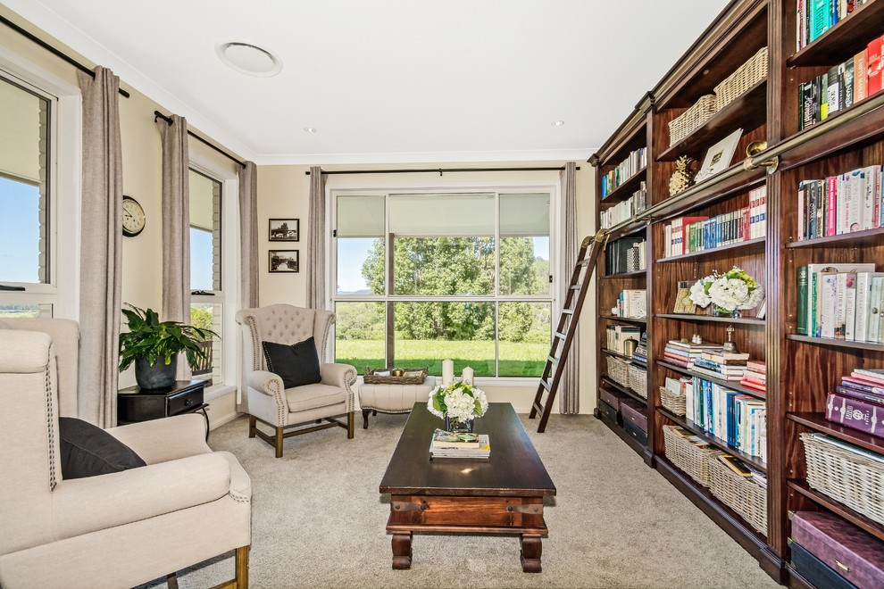 Inspiration for a mid-sized timeless carpeted and beige floor home office library remodel in Sunshine Coast