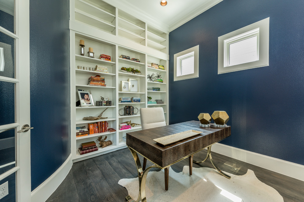 Inspiration for a medium sized traditional home office in Austin with blue walls, a freestanding desk and dark hardwood flooring.