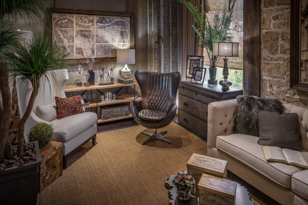 Foto de despacho de estilo de casa de campo grande con paredes marrones, suelo de madera oscura y suelo marrón