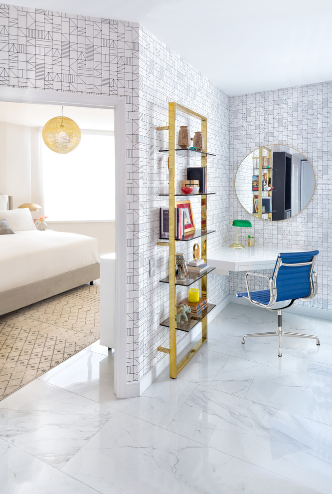 Photo of a small eclectic study in Miami with white walls, porcelain flooring, a freestanding desk and white floors.