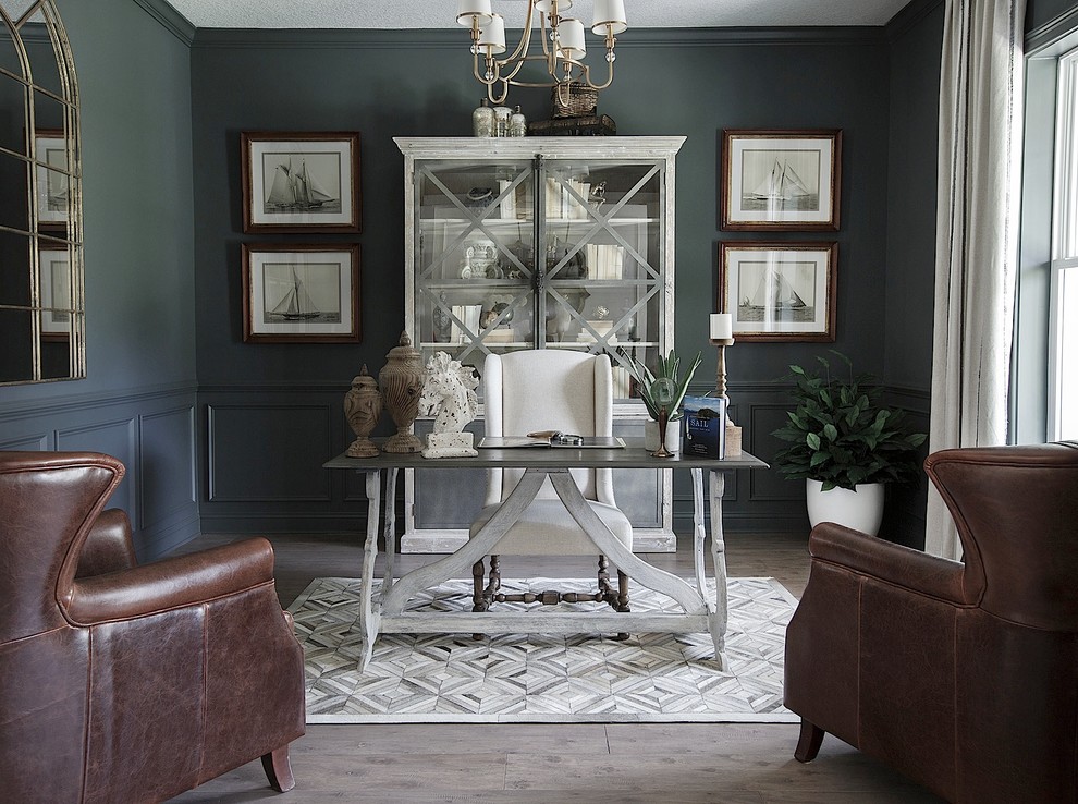This is an example of a medium sized classic home office in Jacksonville with grey walls, vinyl flooring, no fireplace, a freestanding desk, grey floors and a dado rail.