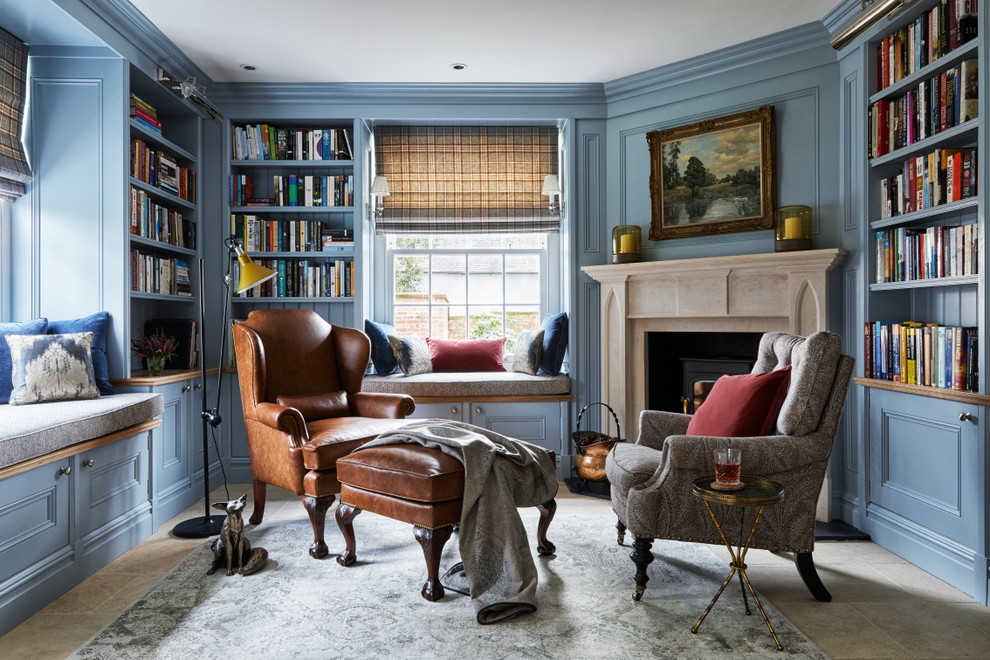 Mid-sized elegant gray floor home office library photo in Brisbane with blue walls