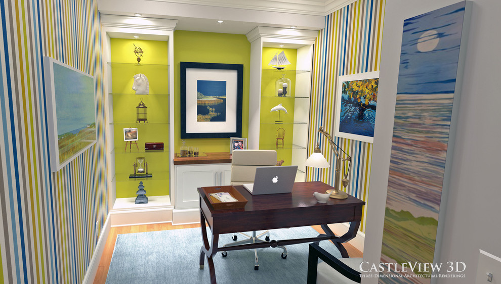 Ejemplo de despacho contemporáneo pequeño sin chimenea con paredes verdes, suelo de madera en tonos medios y escritorio independiente