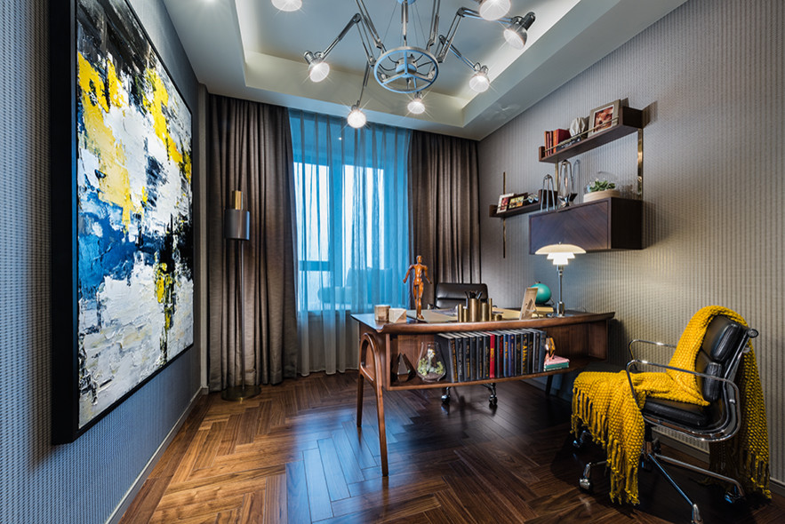 Photo of a medium sized retro study in Singapore with beige walls, light hardwood flooring and a freestanding desk.