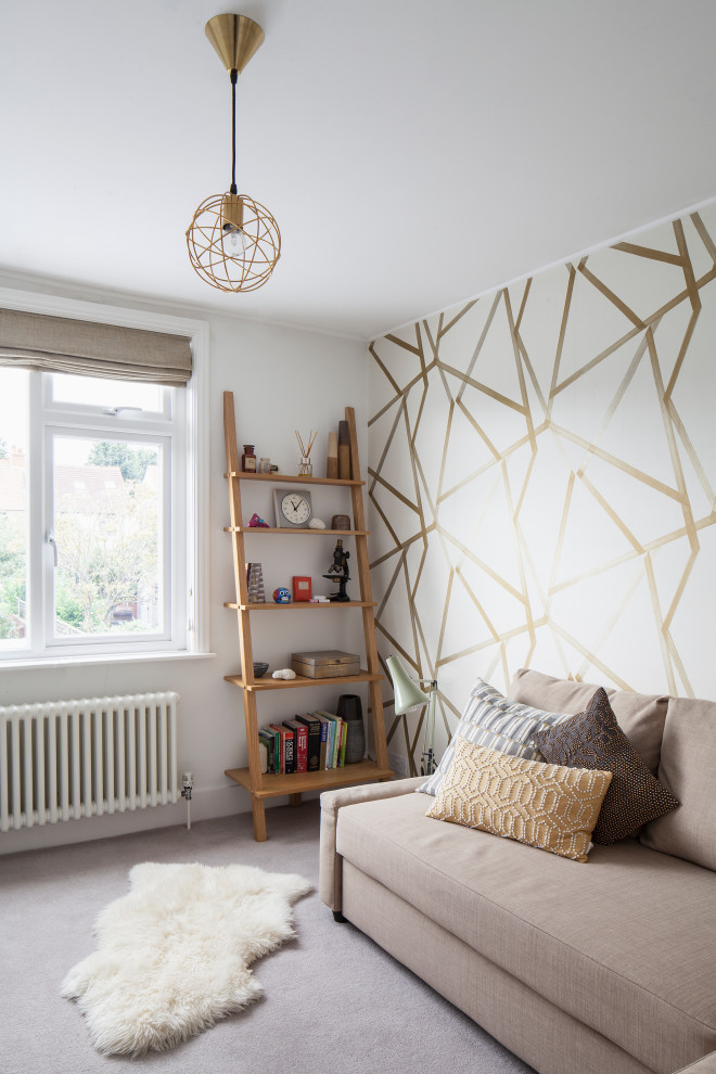 Design ideas for a medium sized scandi study in Sussex with carpet and wallpapered walls.