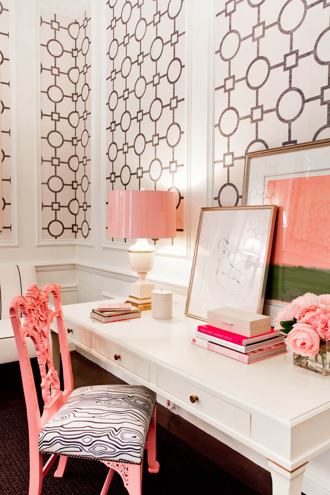 Eclectic freestanding desk home office photo in New York with multicolored walls