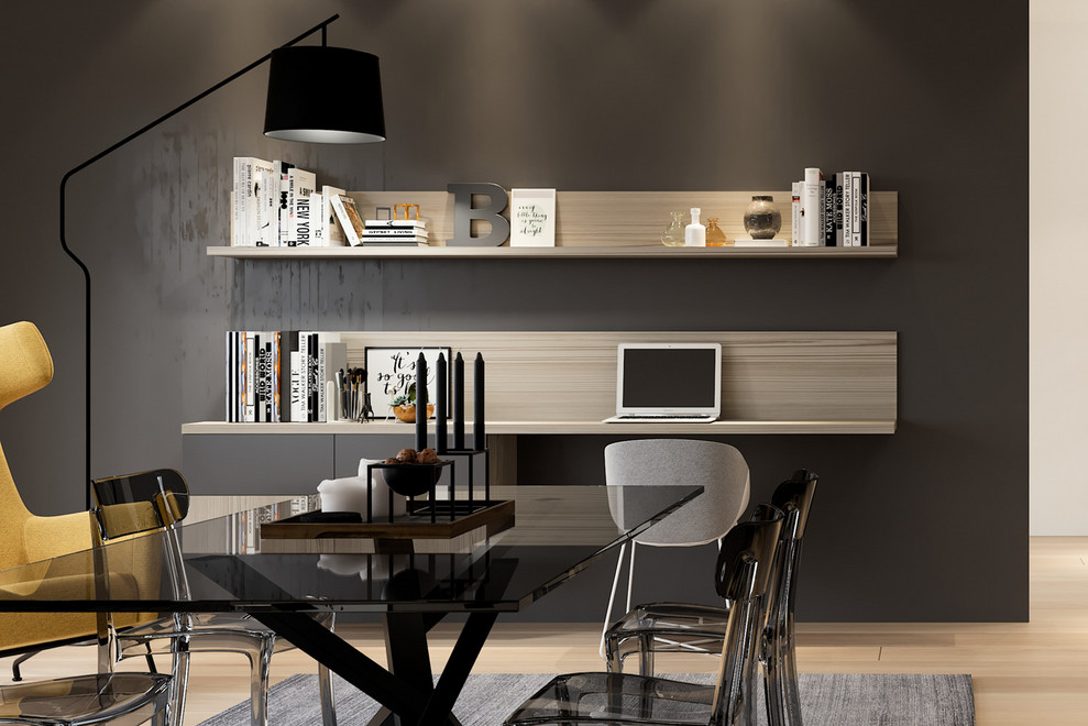 Mittelgroßes Modernes Arbeitszimmer mit Arbeitsplatz, schwarzer Wandfarbe, hellem Holzboden, Einbau-Schreibtisch und beigem Boden in Toronto