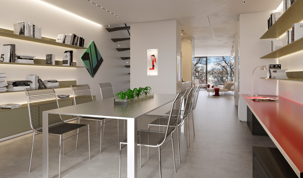 Пример оригинального дизайна: домашняя библиотека среднего размера в стиле модернизм с белыми стенами, встроенным рабочим столом, бетонным полом и серым полом