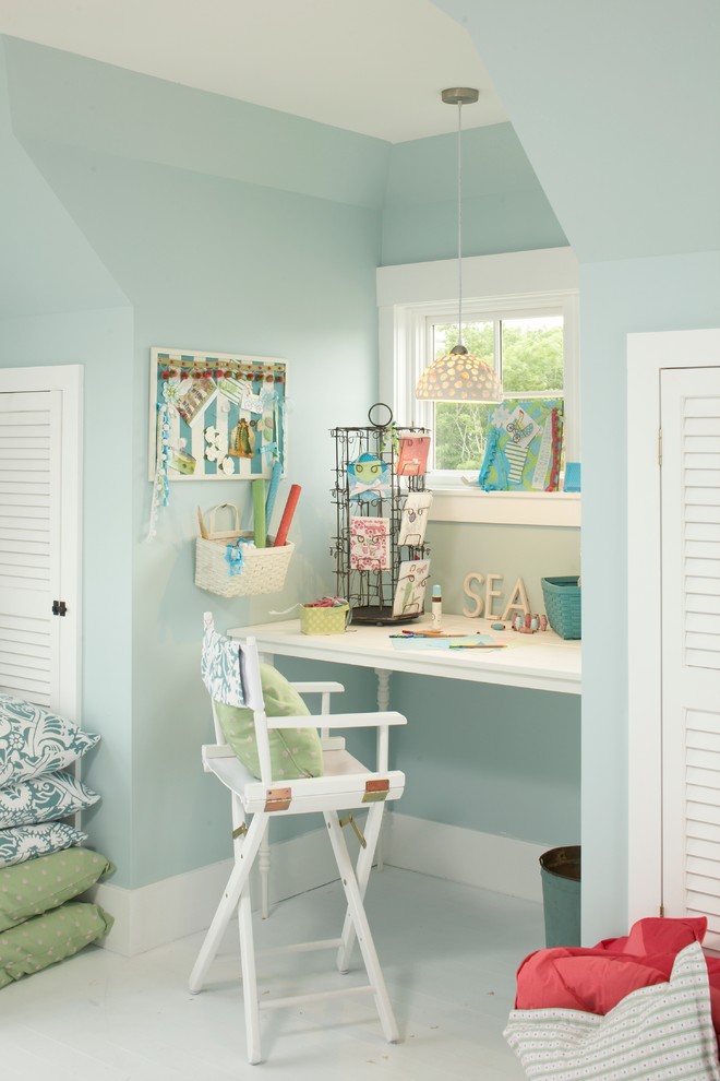 Inspiration for a mid-sized coastal freestanding desk porcelain tile and white floor craft room remodel in Tampa with beige walls and no fireplace