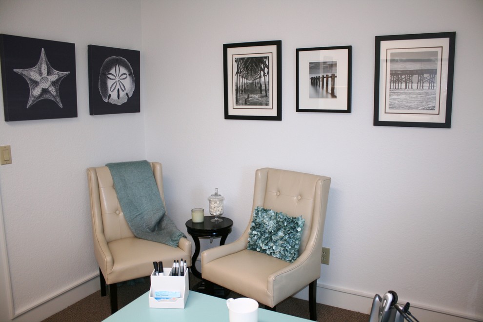 Example of a small beach style freestanding desk carpeted home office design in Other with white walls and no fireplace