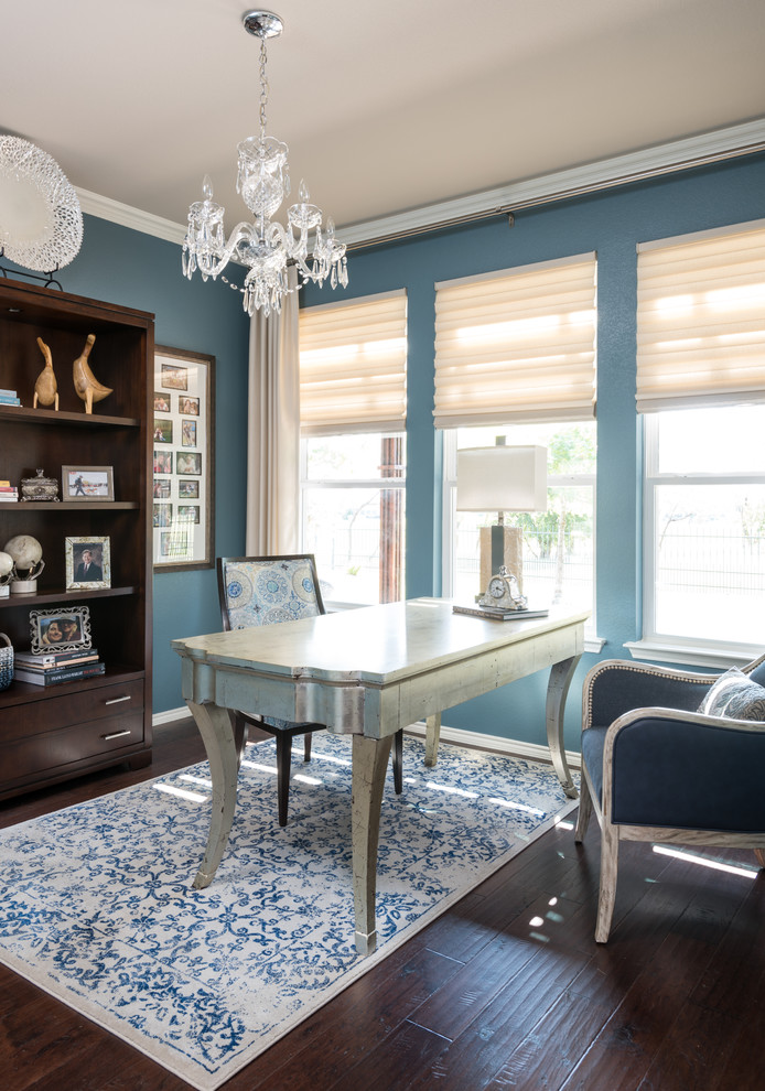 Inspiration for a medium sized classic study in Dallas with blue walls, dark hardwood flooring, no fireplace, a freestanding desk and brown floors.