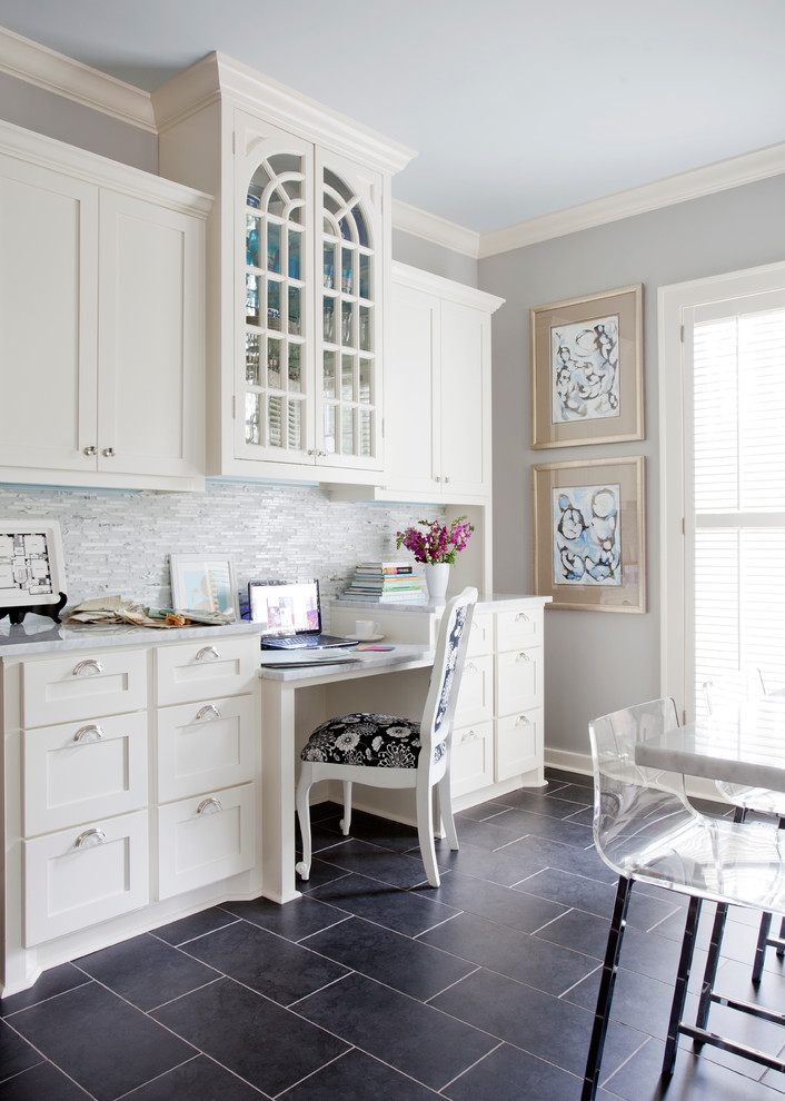 Design ideas for a traditional home office in Other with grey walls and black floors.