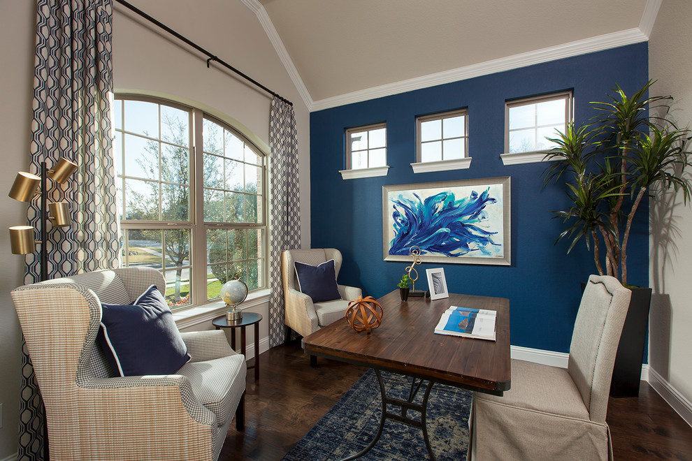 Inspiration for a timeless freestanding desk dark wood floor study room remodel in Houston with blue walls and no fireplace