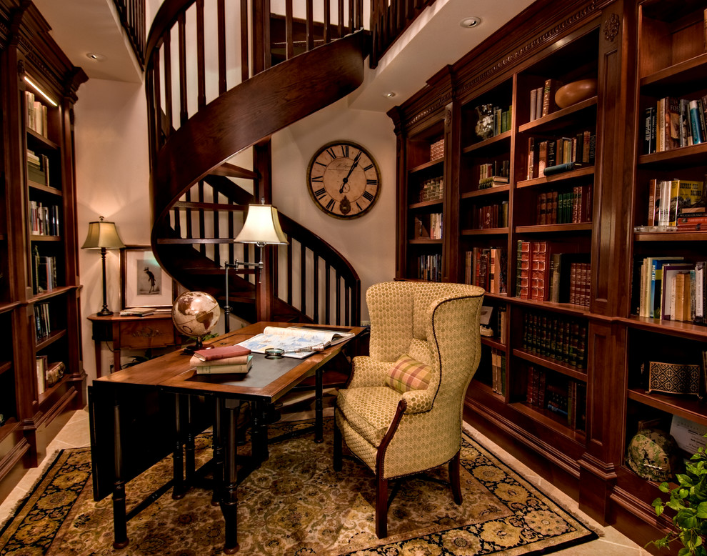 Home office library - mid-sized traditional freestanding desk porcelain tile home office library idea in San Francisco with no fireplace and beige walls