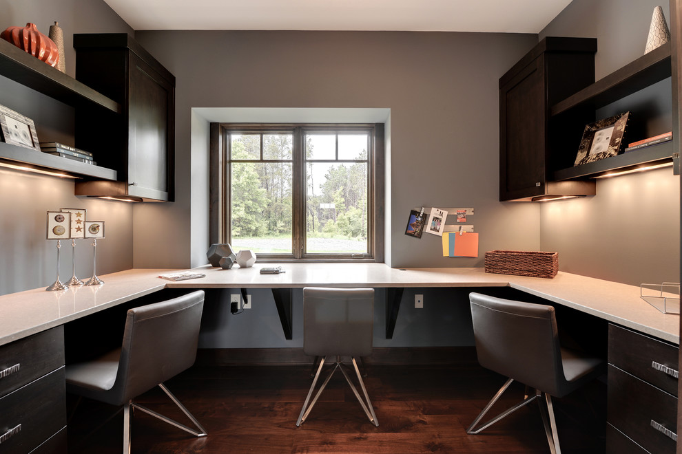 Example of a transitional built-in desk home office design in Minneapolis with gray walls and no fireplace
