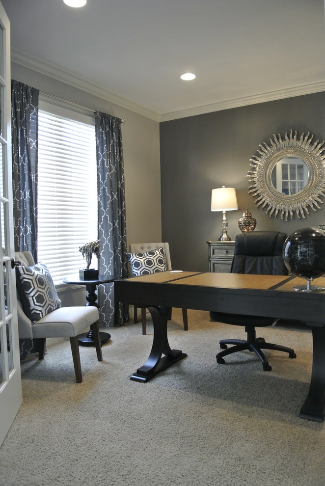 Study room - small transitional freestanding desk carpeted study room idea in Omaha with gray walls