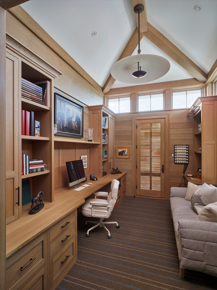 Study room - mid-sized coastal carpeted, gray floor, vaulted ceiling and wood wall study room idea in Other